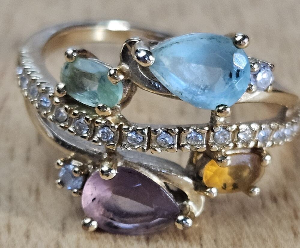 Vintage Designer NVC Multicolor Gemstone Gold Tone Ring Size 8